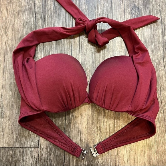 H&M Swim Dark Red Halter Bandeau Push Up Bikini Bra Top Padded Cups Size 34 A - Picture 4 of 12